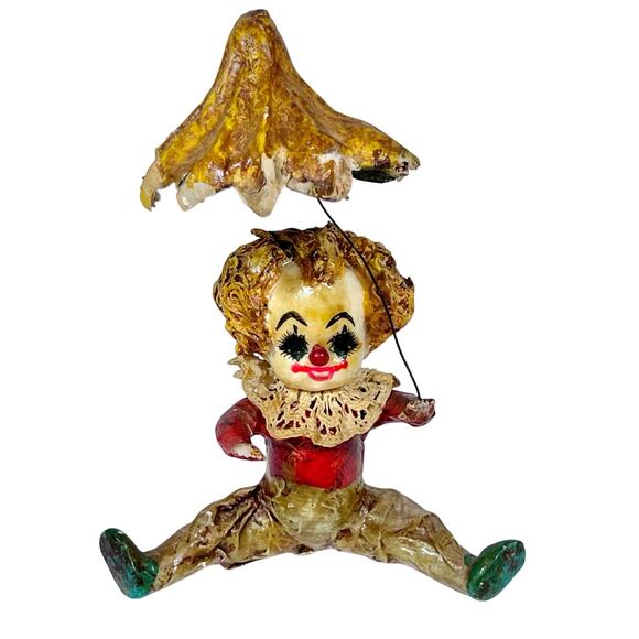 Na Other - Mexican Vintage Paper Mache Clown Figurine w/ Umbrella Folk Art 6" Creepy
